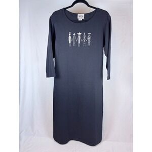 Vtg 90s POG Dress Black Cotton Whimsical Art Lagenlook Stick Figures USA M